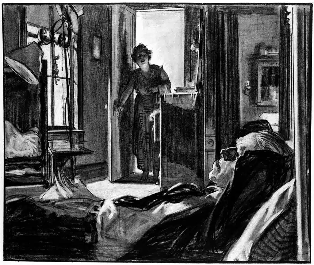 Uncle Charlie is interrupted by the landlady of a rooming house in Shadow of a Doubt. Illustrator Harland Fraser shows the light and shade that permeates the film and the battle between the forces of good and evil.