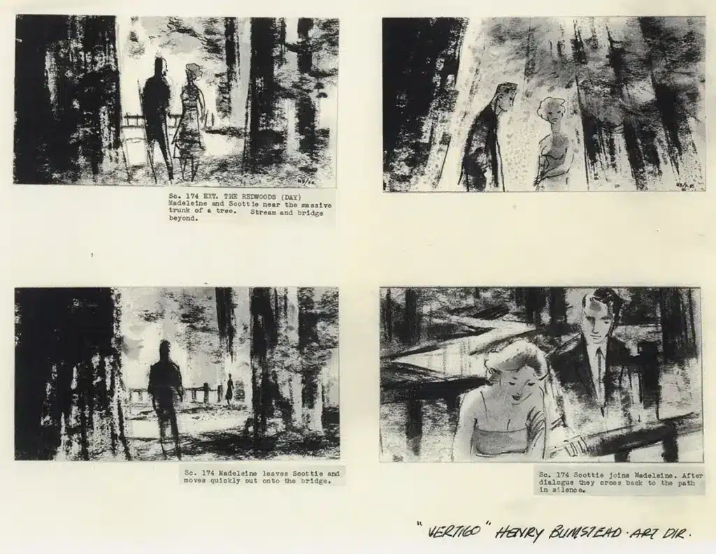 Alfred Hitchcock Storyboards - Storyboards for Vertigo (1958). Scottie Ferguson takes Madeleine to Muir Woods where they wander among the tall redwood trees, always green, ever living.